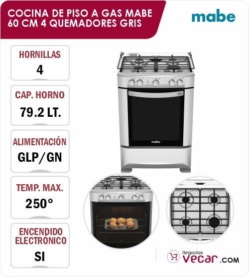 COCINA DE PISO A GAS MABE 60 CM 4 QUEMADORES GRIS