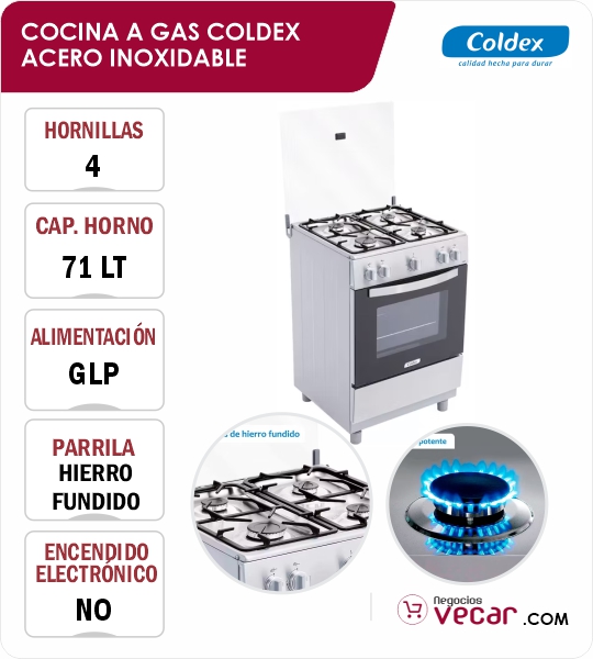 COCINA A GAS COLDEX FP107I11SA ACERO INOXIDABLE 4 QUEMADORES